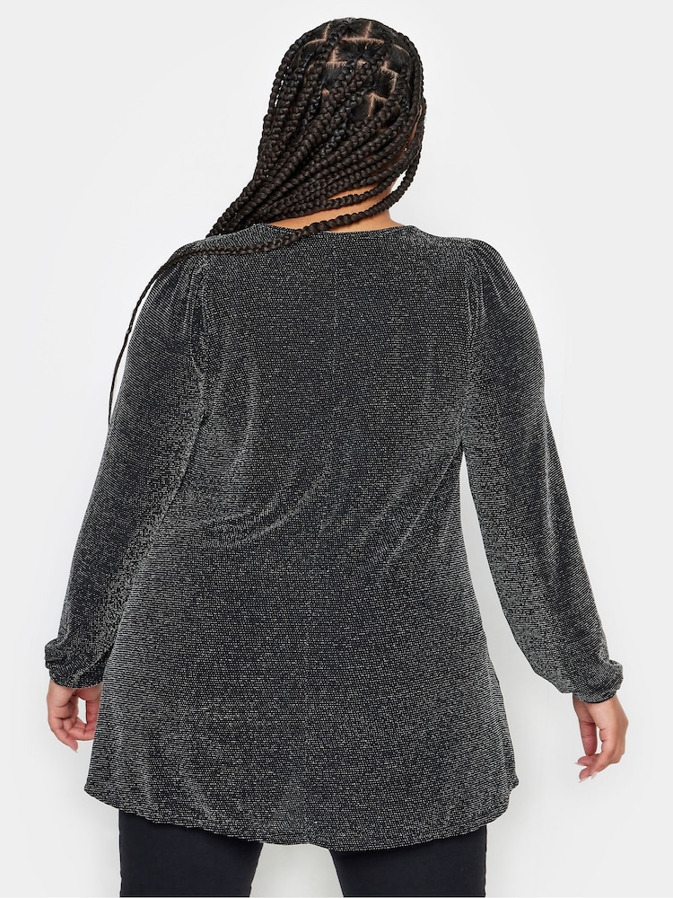 Yours Curve Black Pleated Front Balloon Sleeve Top - Image 2 of 4