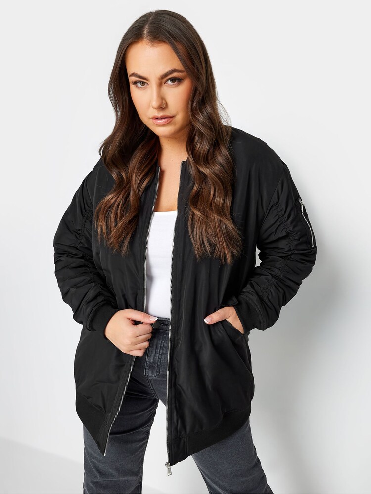 Yours Curve Black Longline Padded Bomber Jacket - Image 1 of 4