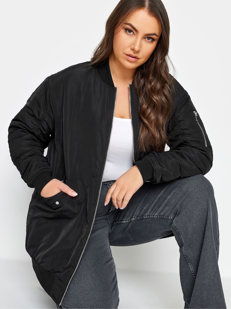 Yours Curve Black Longline Padded Bomber Jacket - Image 4 of 4