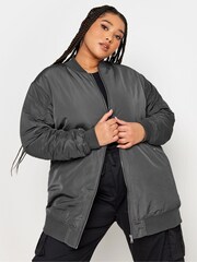 Yours Curve Grey Longline Padded Bomber Jacket - Image 1 of 4