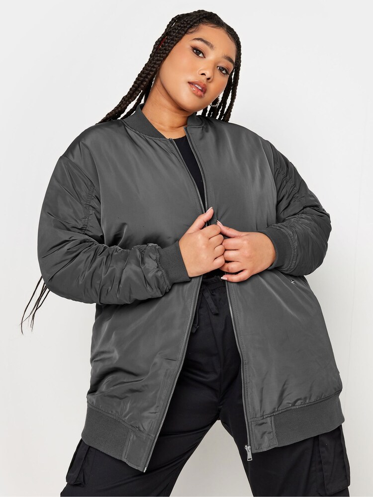 Yours Curve Grey Longline Padded Bomber Jacket - Image 1 of 4