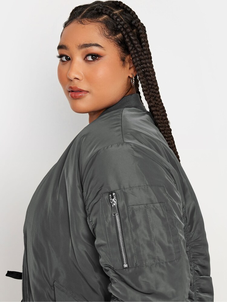 Yours Curve Grey Longline Padded Bomber Jacket - Image 4 of 4