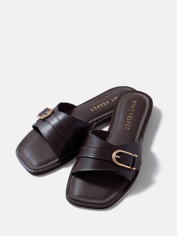 Mint Velvet Brown Kate Leather Mule Sandals - Image 2 of 4 Mint Velvet Brown Kate Leather Mule Sandals - Image 2 of 4