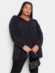 Yours Curve Purple Pleated Front Balloon Sleeve Top - Image 1 of 4