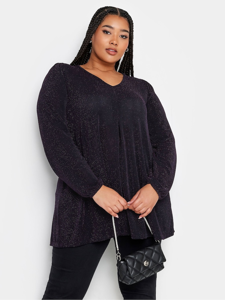 Yours Curve Purple Pleated Front Balloon Sleeve Top - Image 1 of 4