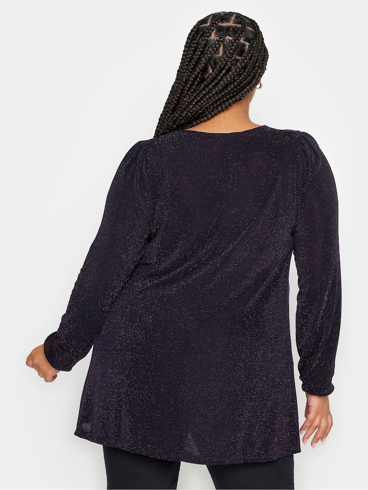 Yours Curve Purple Pleated Front Balloon Sleeve Top - Image 2 of 4