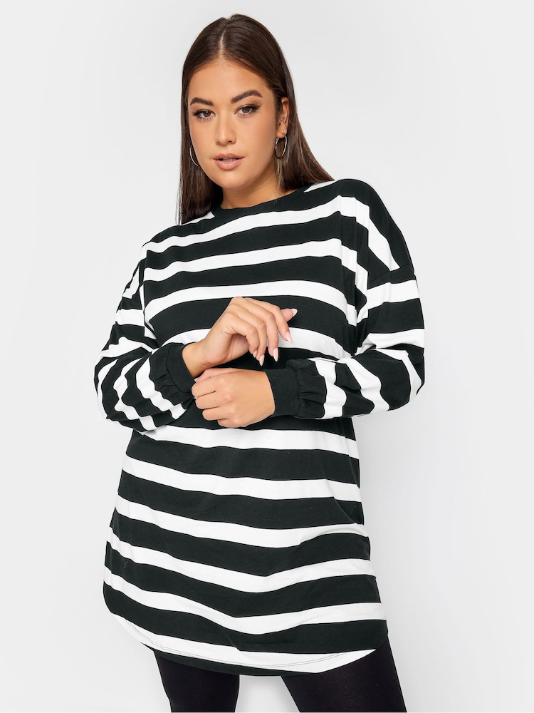 Yours Curve Black Oversize Long Sleeve Throw On Stripe Tunic - Image 1 of 4