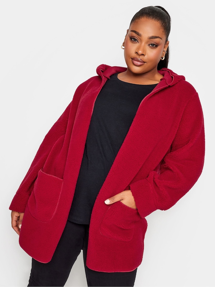 Yours Curve Red Teddy Hooded Jacket - Image 1 of 4