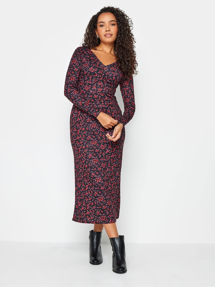 M&Co Red Gathered V-Neck Midi Dress - Image 1 of 1