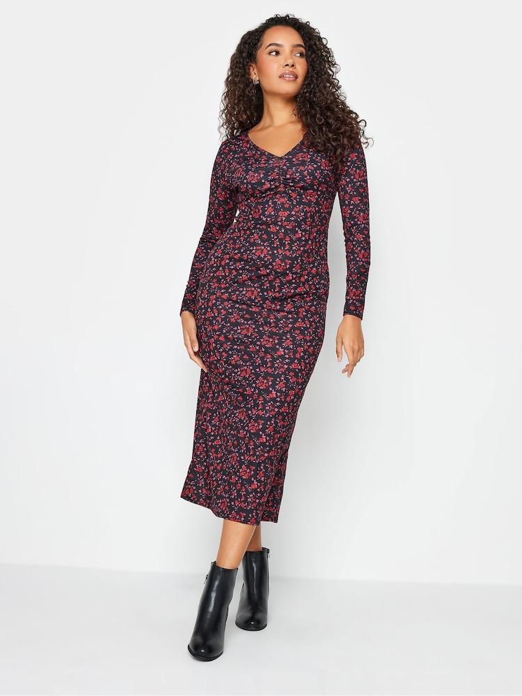 M&Co Red Gathered V-Neck Midi Dress - Image 2 of 4
