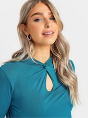 M&Co Blue Twist Neck Keyhole Long Sleeve Top - Image 4 of 4