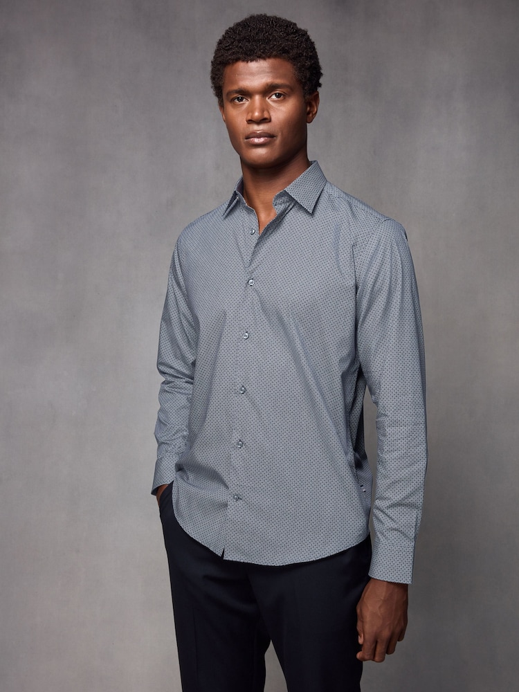 Navy Blue/White Geometric Printed 100% Cotton Formal Single Cuff Shirt - Image 1 of 12