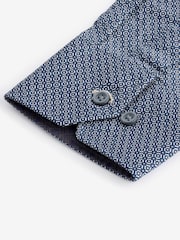 Navy Blue/White Geometric Printed 100% Cotton Formal Single Cuff Shirt - Image 11 of 12