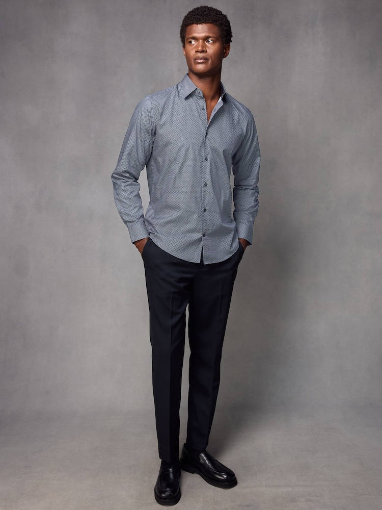 Navy Blue/White Geometric Printed 100% Cotton Formal Single Cuff Shirt - Image 2 of 12