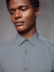 Navy Blue/White Geometric Printed 100% Cotton Formal Single Cuff Shirt - Image 4 of 12