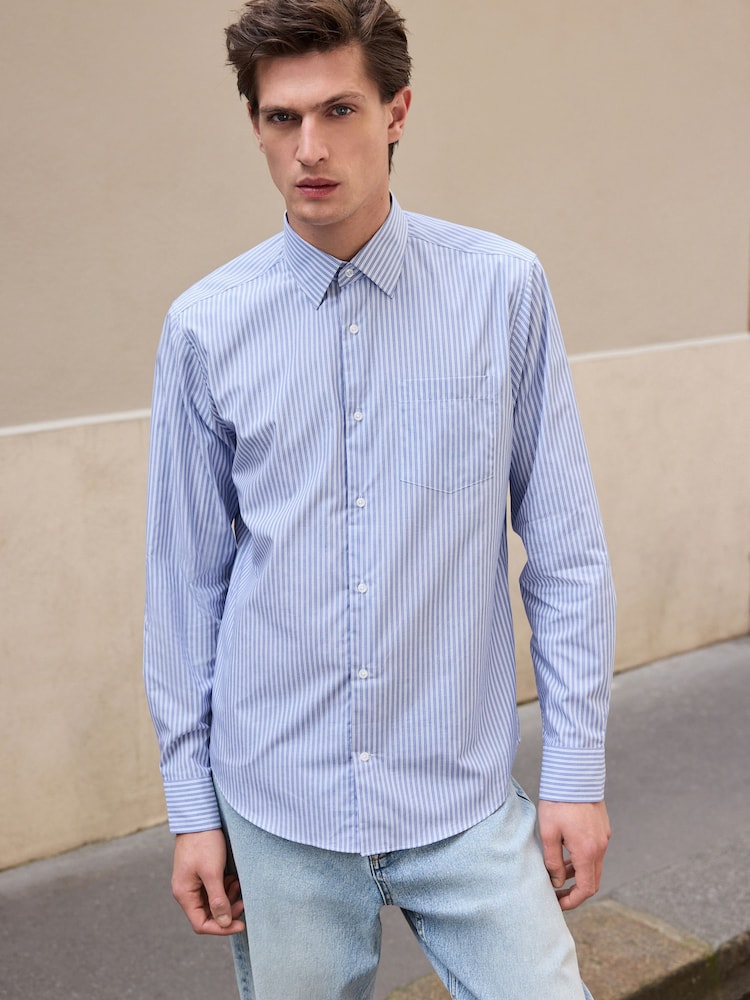 Blue/White 100% Cotton Long Sleeve Single Cuff Striped Shirt - Image 1 of 7