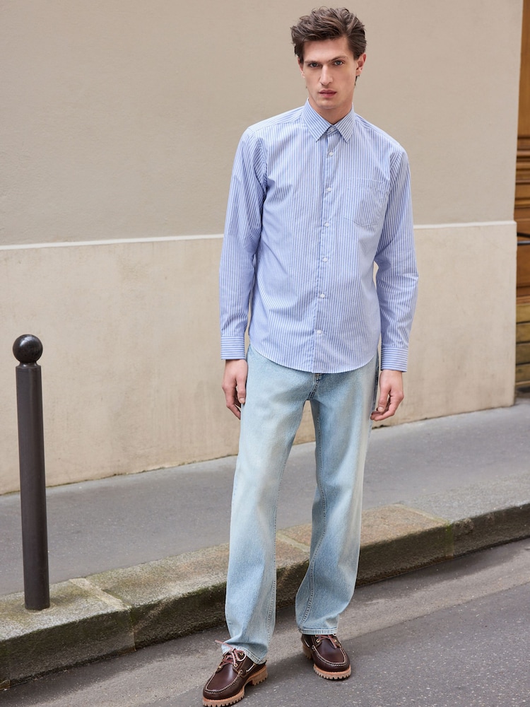 Blue/White 100% Cotton Long Sleeve Single Cuff Striped Shirt - Image 2 of 7
