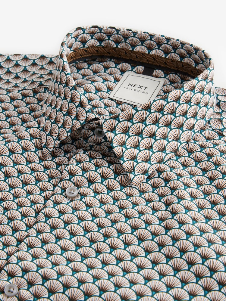 White/Teal Blue Geometric Regular Fit Long Sleeve Single Cuff Printed Easy Care Formal Shirt - Image 11 of 11
