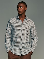 White/Teal Blue Geometric Regular Fit Long Sleeve Single Cuff Printed Easy Care Formal Shirt - Image 2 of 11