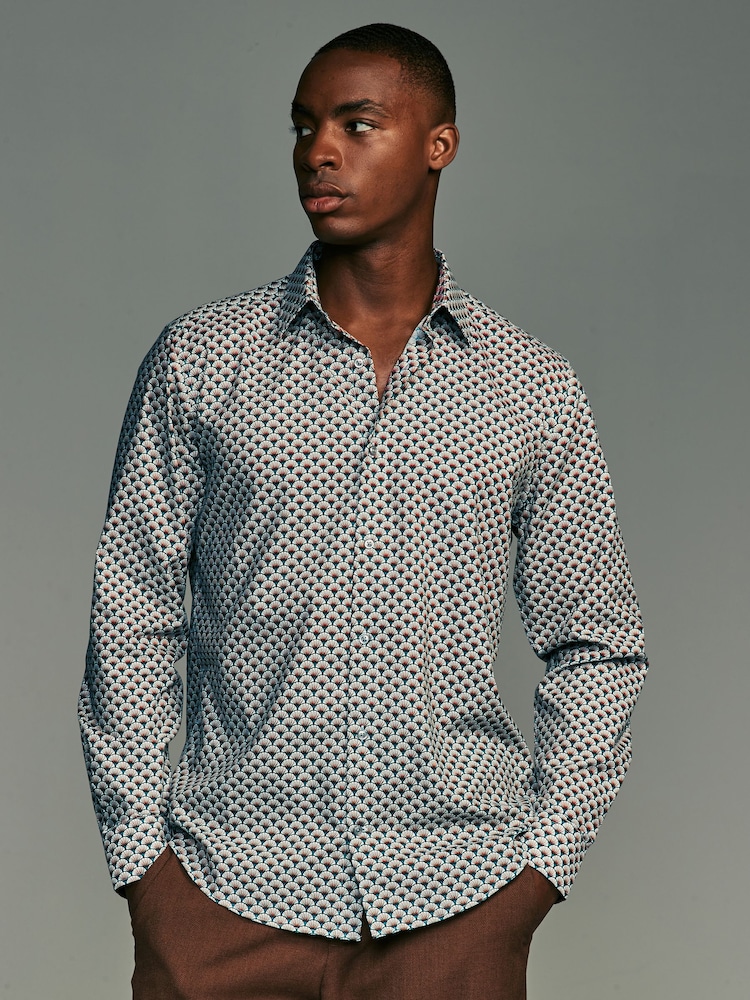 White/Teal Blue Geometric Regular Fit Long Sleeve Single Cuff Printed Easy Care Formal Shirt - Image 2 of 11