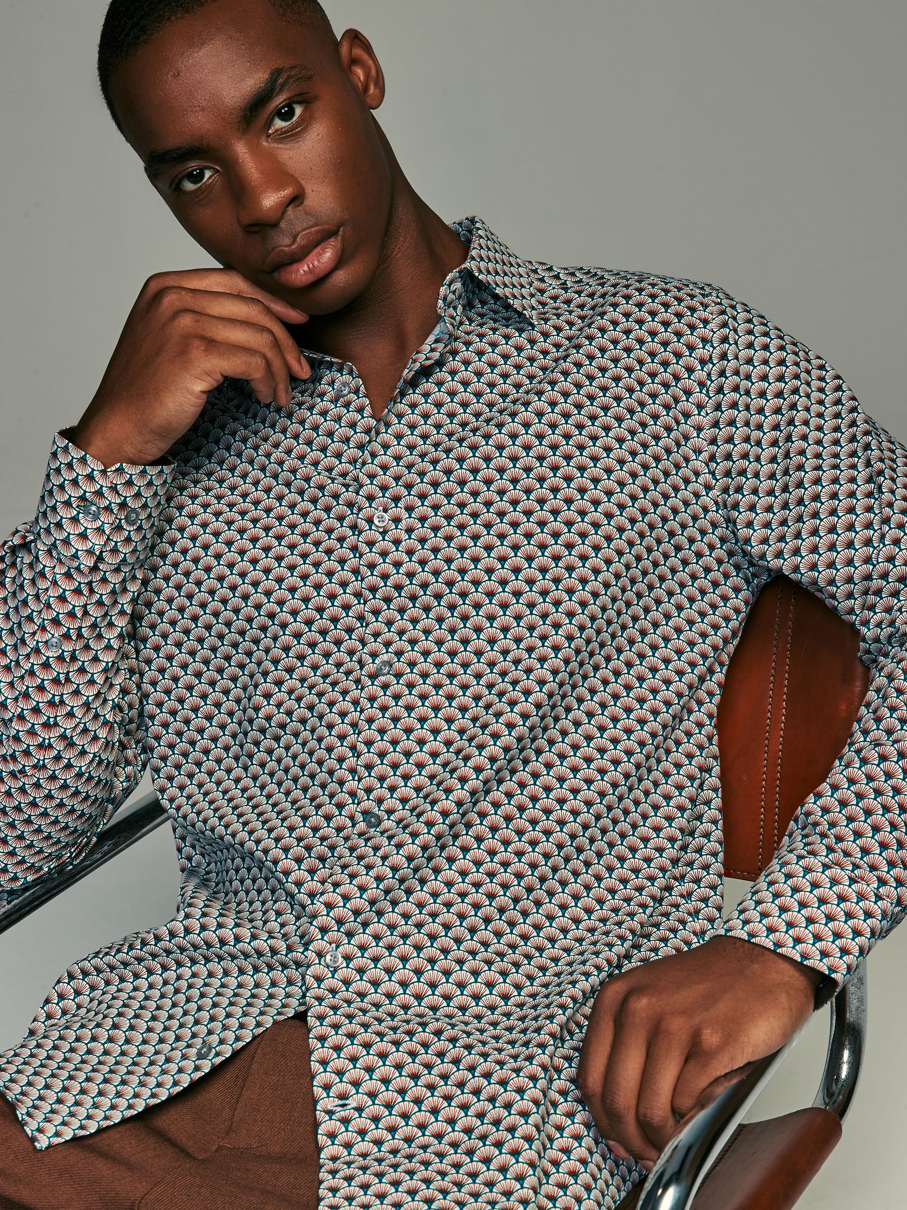 Buy White/Teal Blue Geometric Regular Fit Long Sleeve Single
