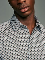 White/Teal Blue Geometric Regular Fit Long Sleeve Single Cuff Printed Easy Care Formal Shirt - Image 8 of 11