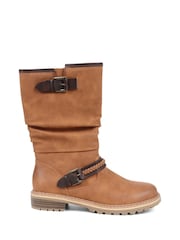 Pavers Brown Casual Buckle Strap Mid-Calf Biker Boots in Black - Image 1 of 5
