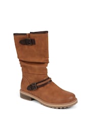 Pavers Brown Casual Buckle Strap Mid-Calf Biker Boots in Black - Image 2 of 5