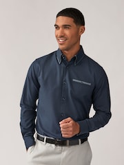 Navy Blue Double Collar Regular Fit Trimmed Formal 100% Cotton Oxford Shirt - Image 1 of 8