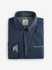 Navy Blue Double Collar Regular Fit Trimmed Formal 100% Cotton Oxford Shirt - Image 6 of 8