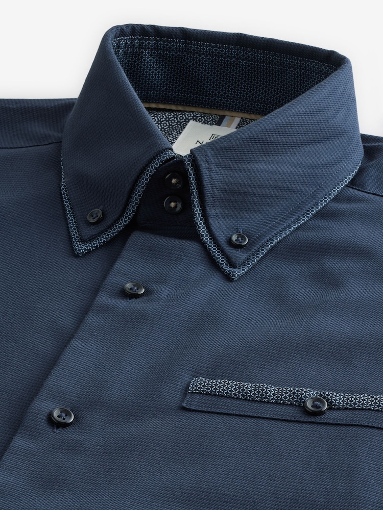 Navy Blue Double Collar Regular Fit Trimmed Formal 100% Cotton Oxford Shirt - Image 8 of 8