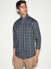 Navy Blue/Neutral Brown Check Regular Fit Easy Iron Button Down Oxford Shirt - Image 1 of 5