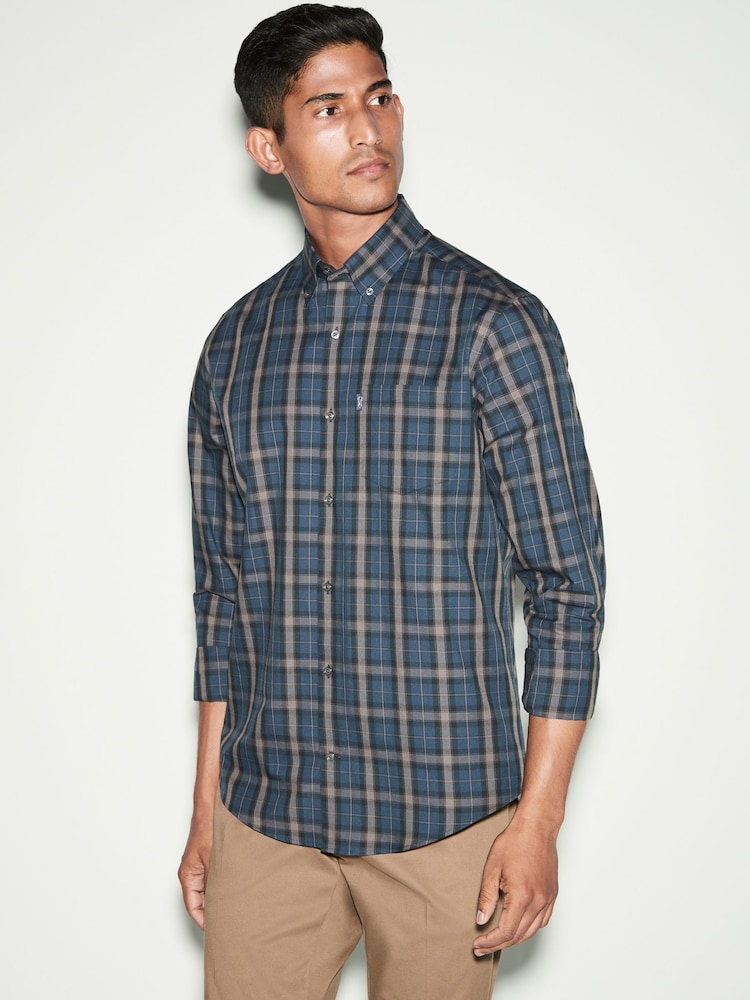 Navy Blue/Neutral Brown Check Regular Fit Easy Iron Button Down Oxford Shirt - Image 1 of 5