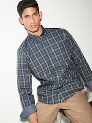 Navy Blue/Neutral Brown Check Regular Fit Easy Iron Button Down Oxford Shirt - Image 2 of 5