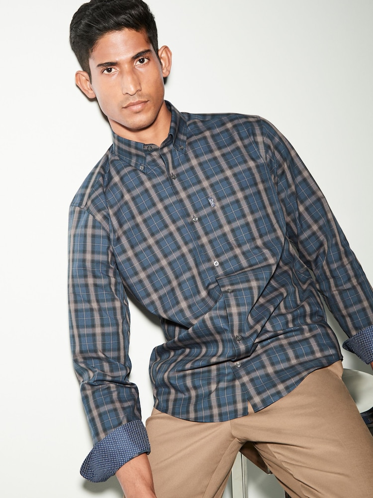 Navy Blue/Neutral Brown Check Regular Fit Easy Iron Button Down Oxford Shirt - Image 2 of 5