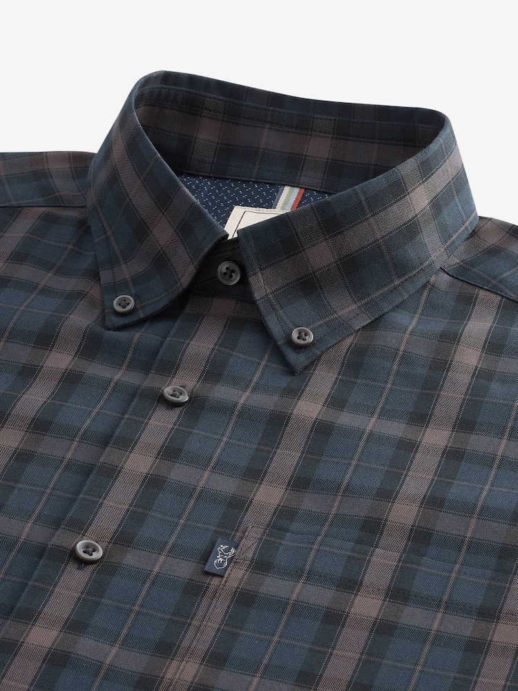 Navy Blue/Neutral Brown Check Regular Fit Easy Iron Button Down Oxford Shirt - Image 5 of 5
