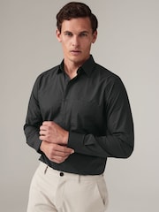 Black Long Sleeve Single Cuff Paper Touch 100% Cotton Poplin Fabric Formal Shirt - Image 1 of 8