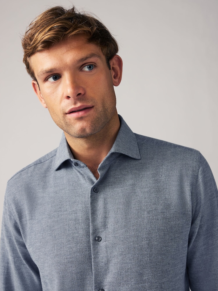 Blue Textured Regular Fit Brushed Flannel 100% Cotton Shirt - Image 1 of 8
