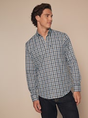 Blue/Charcoal Grey Marl Gingham Regular Fit Easy Iron Long Sleeve Single Cuff Oxford Shirt - Image 1 of 8