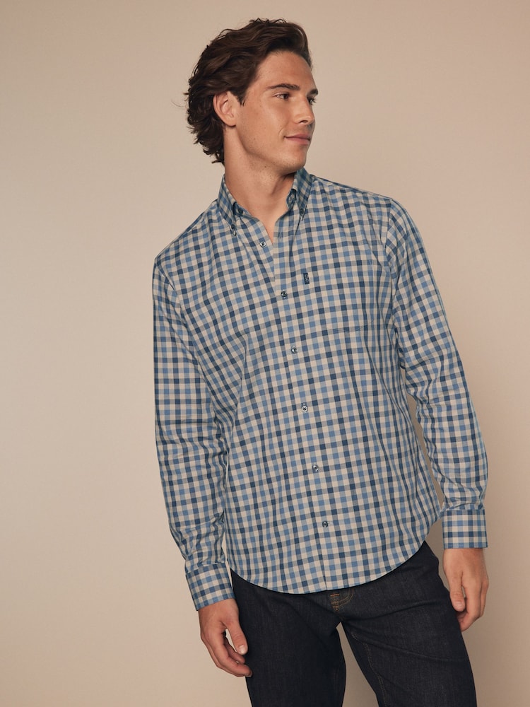 Blue/Charcoal Grey Marl Gingham Regular Fit Easy Iron Long Sleeve Single Cuff Oxford Shirt - Image 1 of 8