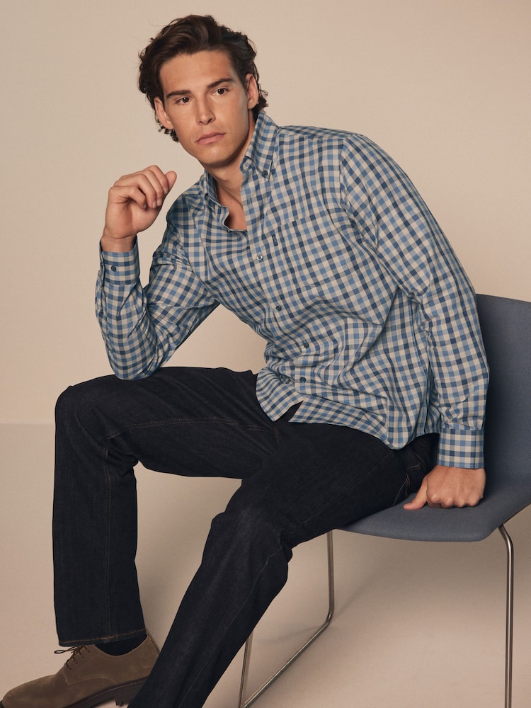 Blue/Charcoal Grey Marl Gingham Regular Fit Easy Iron Long Sleeve Single Cuff Oxford Shirt - Image 2 of 8