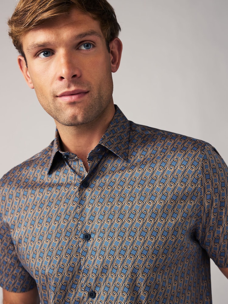 Navy Blue Chain Printed Short Sleeve Shirt - Image 1 of 7