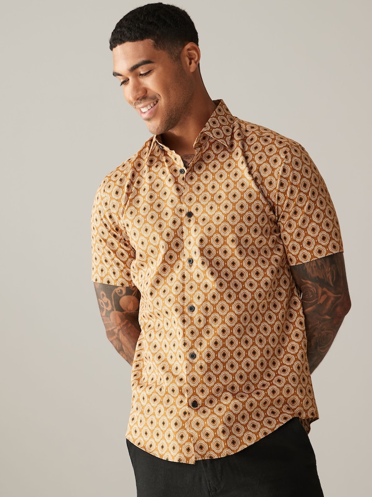 Neutral Brown Geometric Printed Short Sleeve Shirt - Image 1 of 7