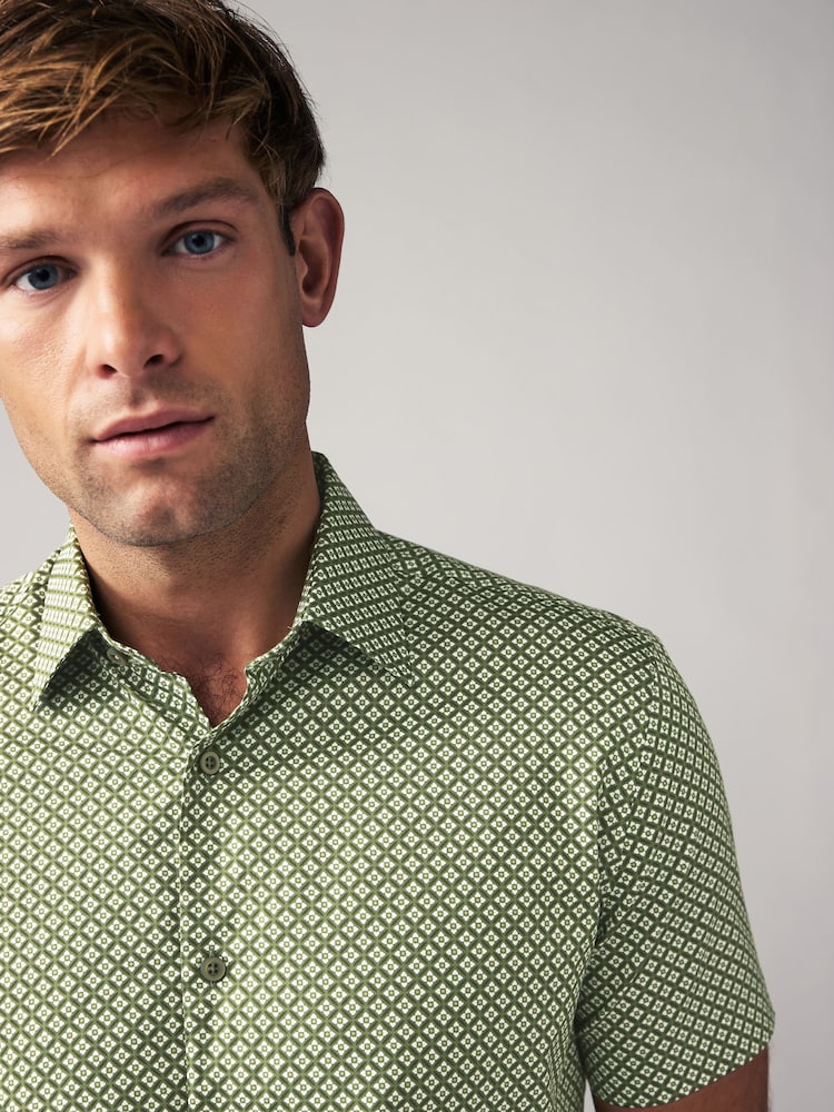 Moss Green Geometric Printed Short Sleeve Shirt - Image 1 of 8