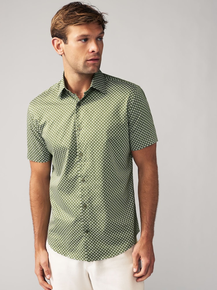 Moss Green Geometric Printed Short Sleeve Shirt - Image 2 of 8