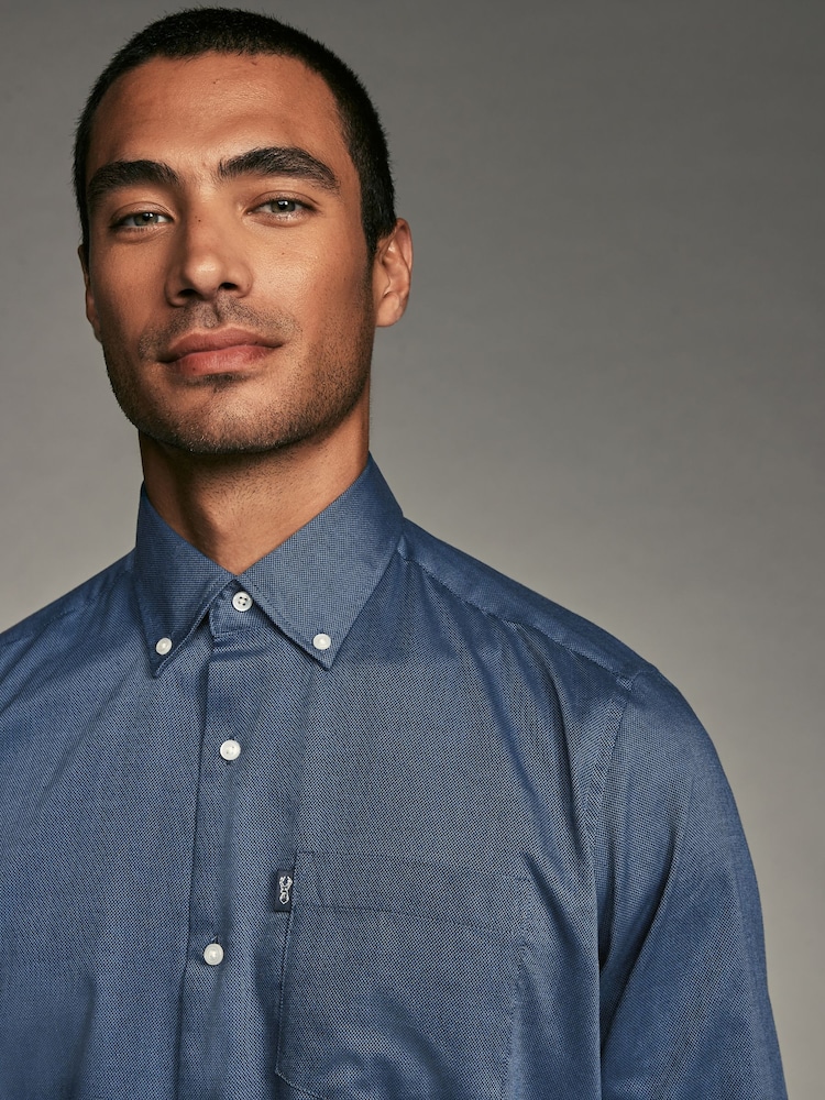 Blue Easy Care Long Sleeve Royal Oxford Single Cuff Shirt With Button Down Collar - Image 4 of 9