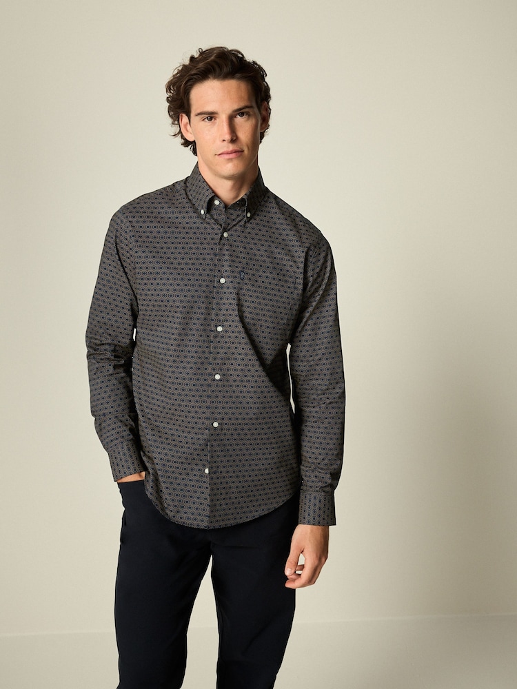 Navy Blue/Yellow Gold Honeycomb Regular Fit Easy Iron Button Down Oxford Shirt - Image 2 of 7