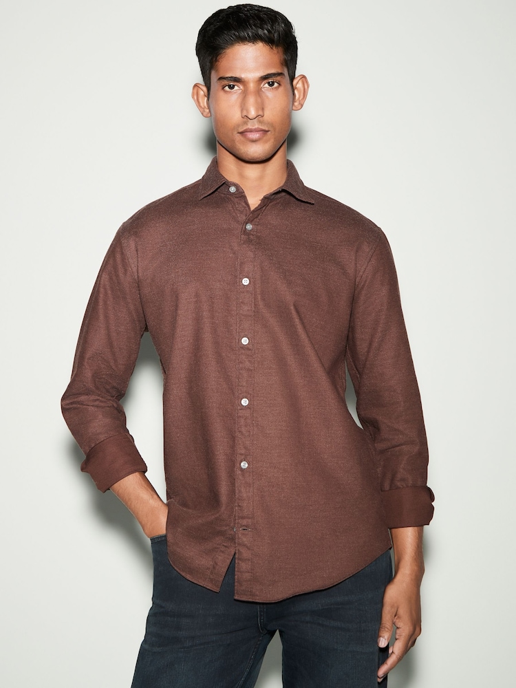 Chocolate Brown Regular Fit Textured Single Cuff Shirt With Cutaway Collar - Image 1 of 8 Chocolate Brown Regular Fit Textured Single Cuff Shirt With Cutaway Collar - Image 1 of 8