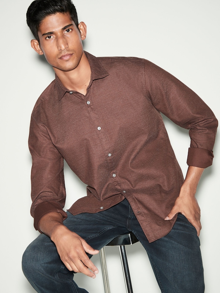 Chocolate Brown Regular Fit Textured Single Cuff Shirt With Cutaway Collar - Image 2 of 8