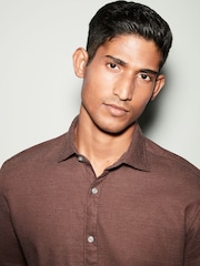 Chocolate Brown Regular Fit Textured Single Cuff Shirt With Cutaway Collar - Image 4 of 8